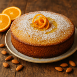 Golden, round almond-olive-oil cake dusted with powdered sugar and topped with spiral orange zest, surrounded by orange slices and whole almonds on a rustic wooden table.