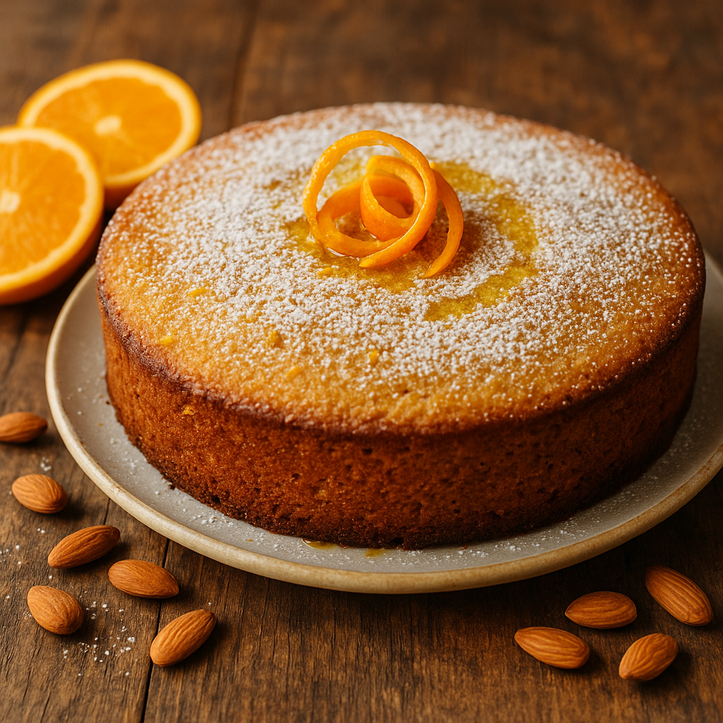 Golden, round almond-olive-oil cake dusted with powdered sugar and topped with spiral orange zest, surrounded by orange slices and whole almonds on a rustic wooden table.