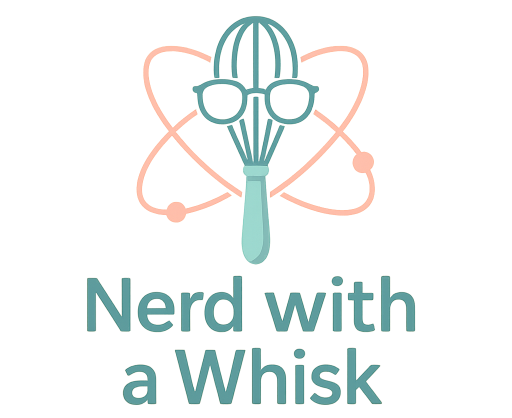 playful cooking and science-inspired design featuring a whisk with glasses and an atomic orbit.